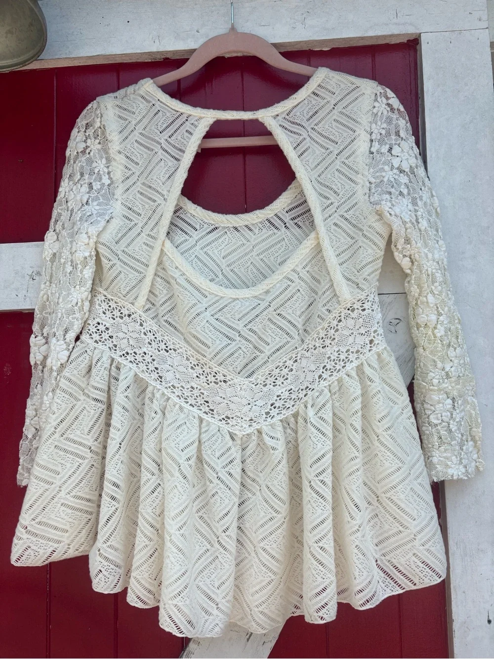 Free People Cream Lace Peplum Tunic with Crochet Sleeve Detail